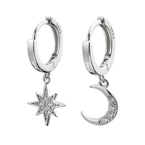 *NEW 925 Sterling Silver Diamond Moon Star Hoops - Picture 12 of 14